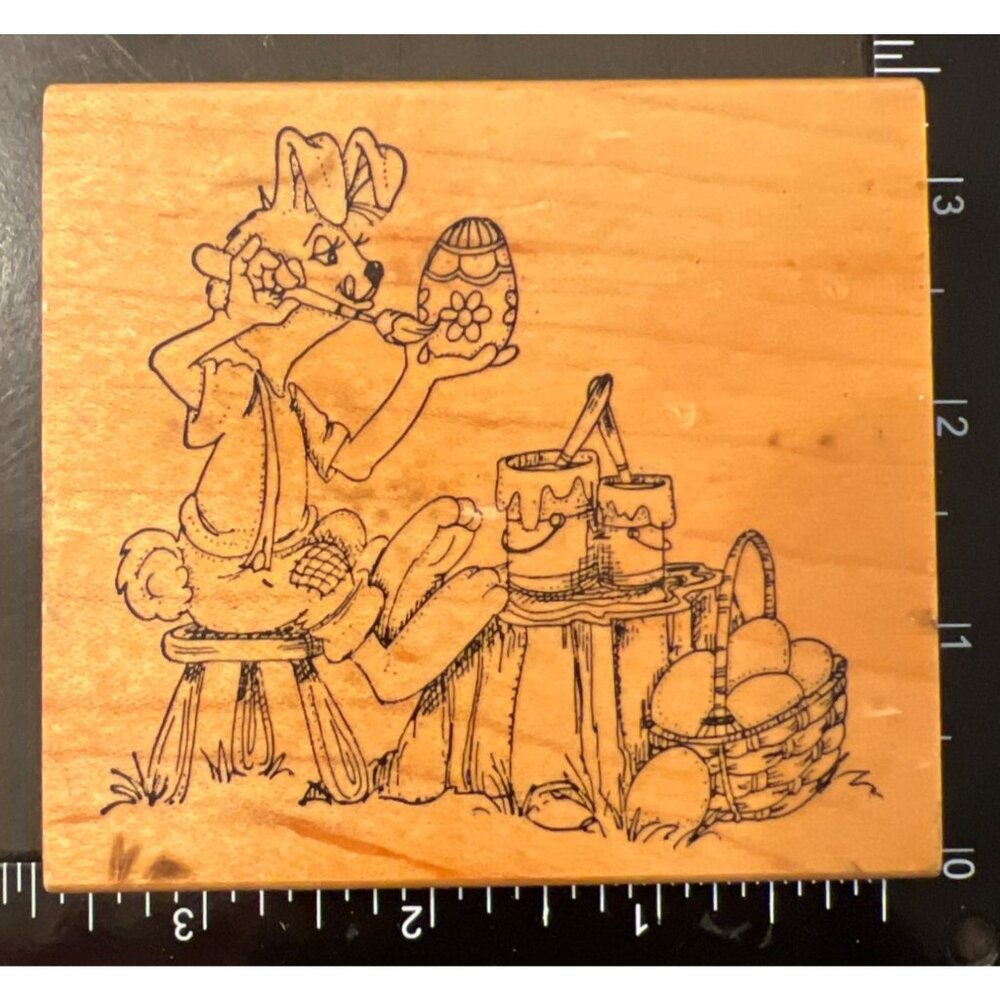Easter Bunny Painting Eggs Wood mounted  Rubber Stamp By Art Impressions L-1291